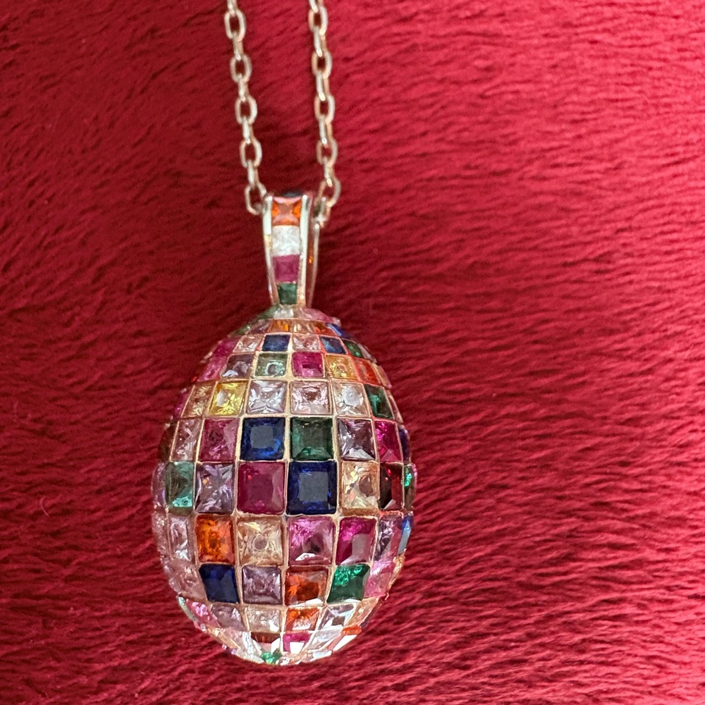 Large Multicolor Crystal Mosaic Egg Pendant Necklace